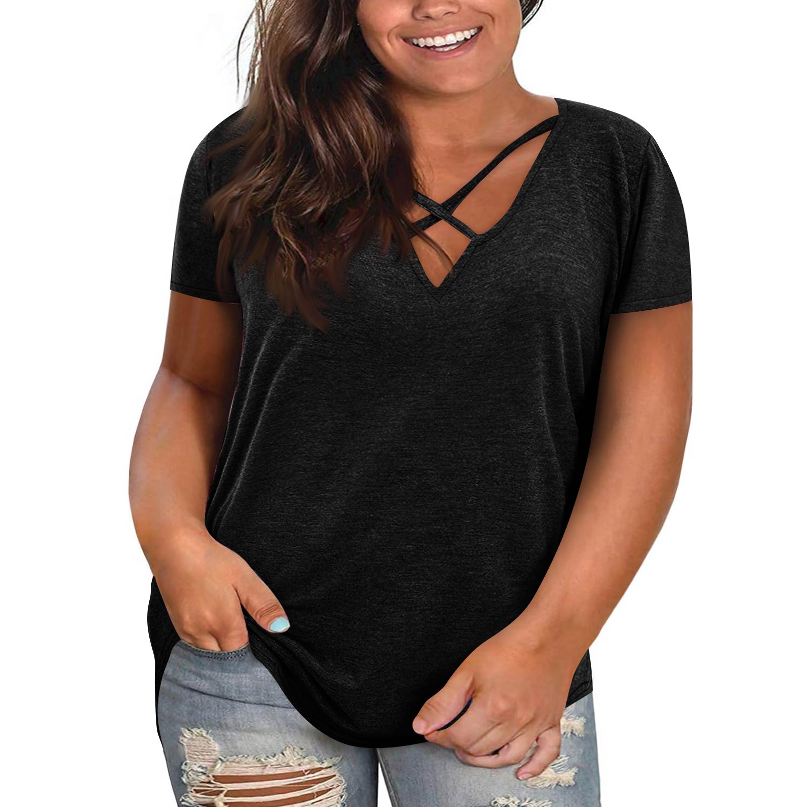 Women s Fashionable Casual Plus-Size V-Neck Short-Sleeve Top XXXXXL чёрный