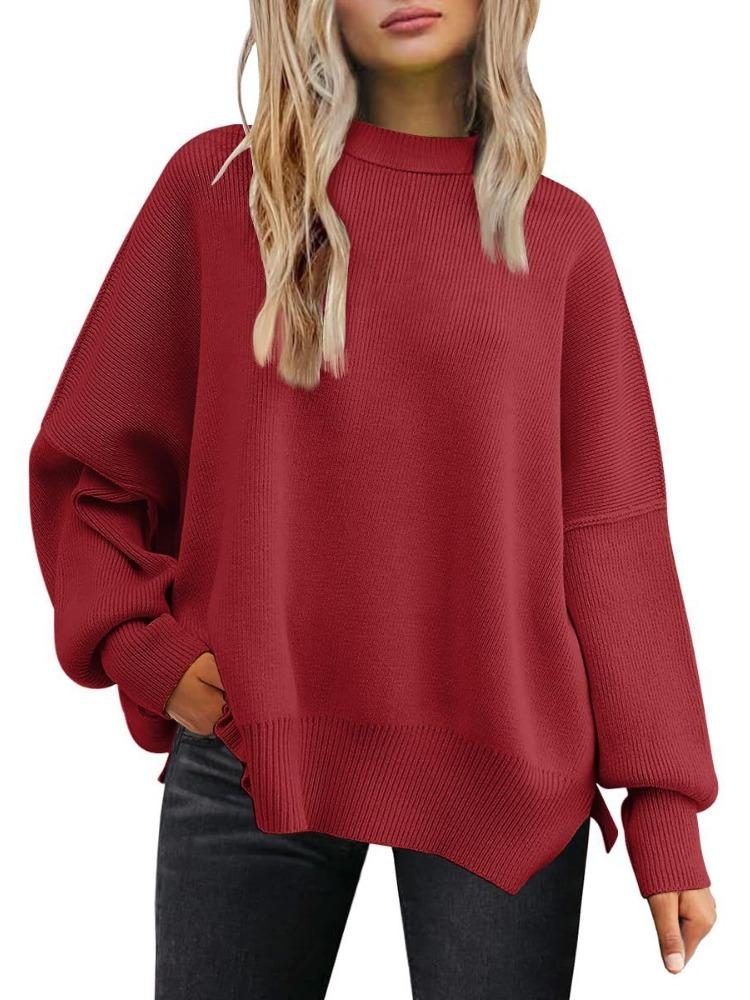 Women's Round Neck Batwing Sleeve Long Sleeved Ribbed Knit Sweater with Side Slit Pullover Luxurious Relaxed-fit Slimming and Versatile Top