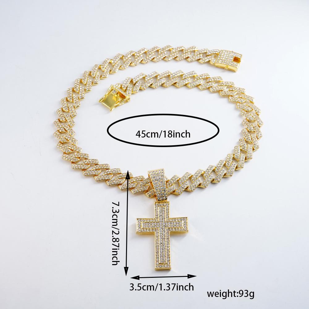 Hip Hop Alloy Full Diamond Cross Pendant Fashion Trend Rap Men's Cuban Chain Necklace Jewelry