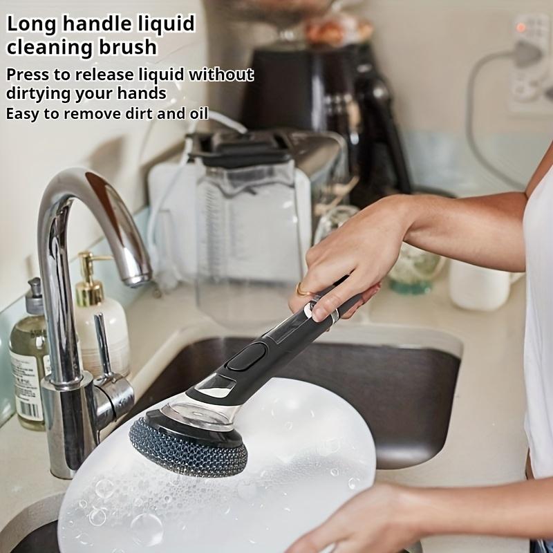 1pc Pot Brush with Handle, Cleaning Brush with Soap Dispenser, Non-Electric Plastic Kitchen Brush for Pans, And Bowls, Easy-To-Clean Steel Wool Brush