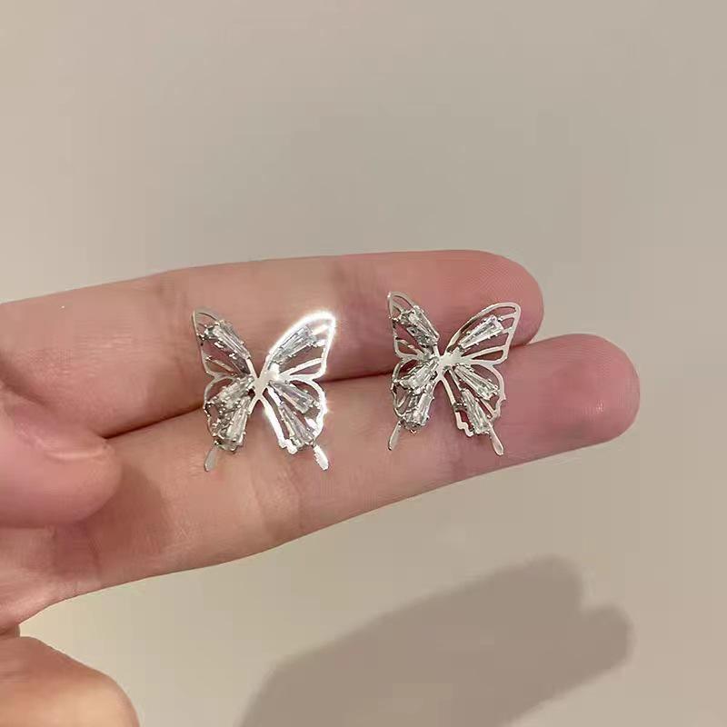 925 Sterling Silver Zircon Butterfly Stud Earrings - French Fairy Style серебряный