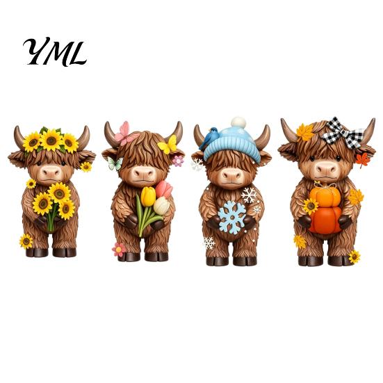 Highland Cow Figurine 4 Pcs Seasonal Figurines, Spring Summer Fall Winter Miniature Farm Decor Seasons Scottish Statue, Resin Table Centerpiece