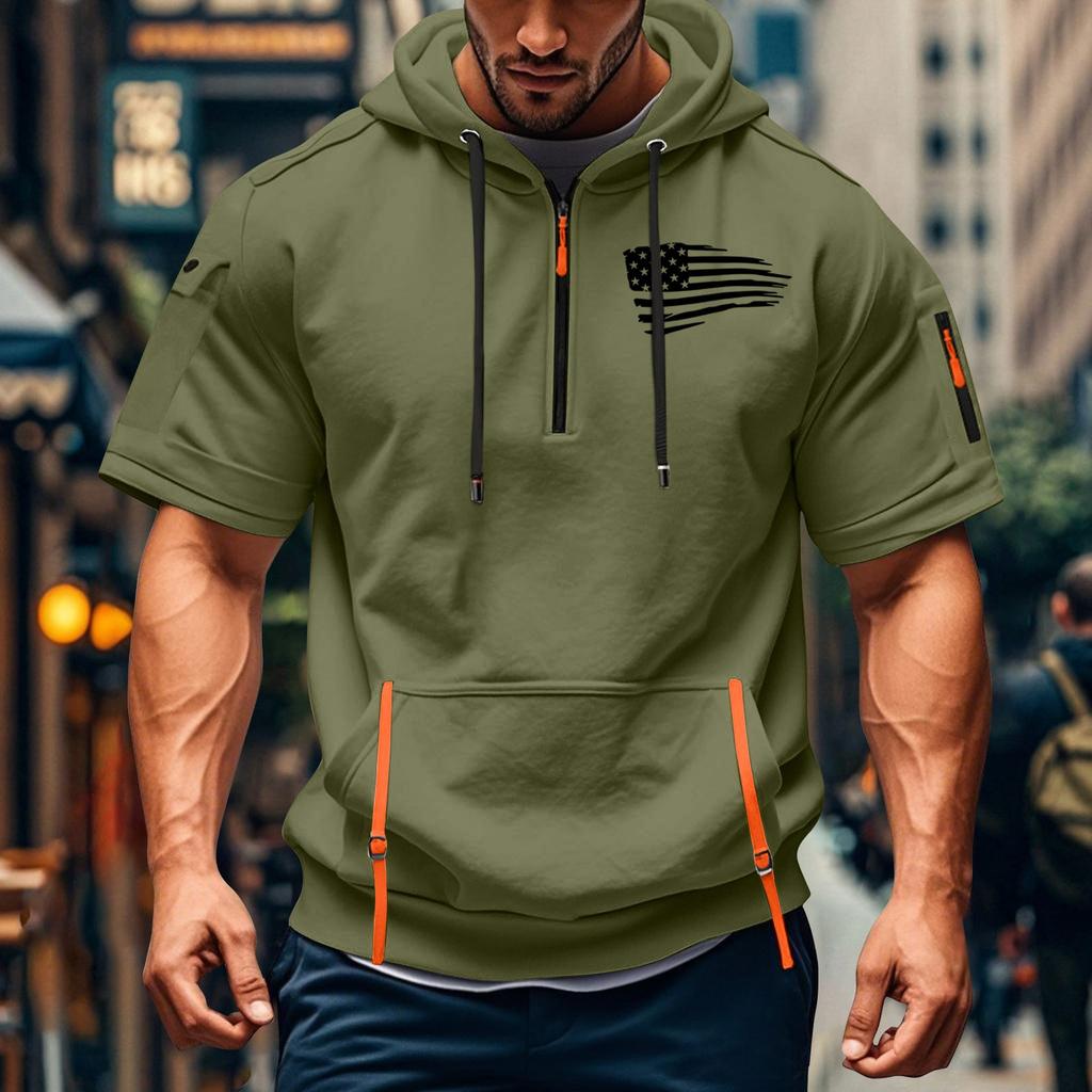 Men's Summer Shirt Print Zipper Pocket Short Sleeve Hooded Sweatshirt Men's Sports Large Size Casual Sweatshirt