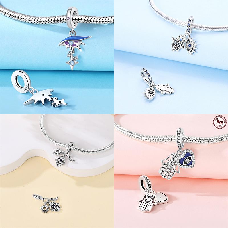 Charm Bead Components Shiny Zircon Blue Devil's Eye and Fatisha's Hand Bead Components Copper Metal Pendant Bead Component Compatible With Do It