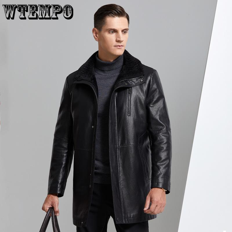 Zimní kožená vycpaná zesílená pánská kožená bunda středního věku Uprostřed dlouhé části vlny Jednokožená bunda Pánský kabát
