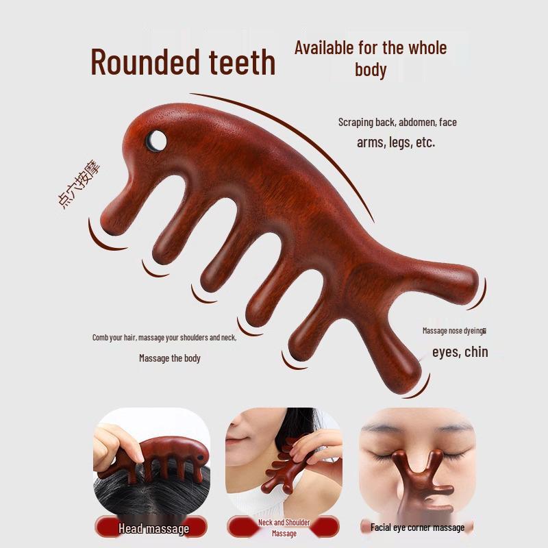 Scalp Meridian Sandalwood Massage Comb – Five-Tooth Gua Sha for Hair Growth and Follicle Unclogging