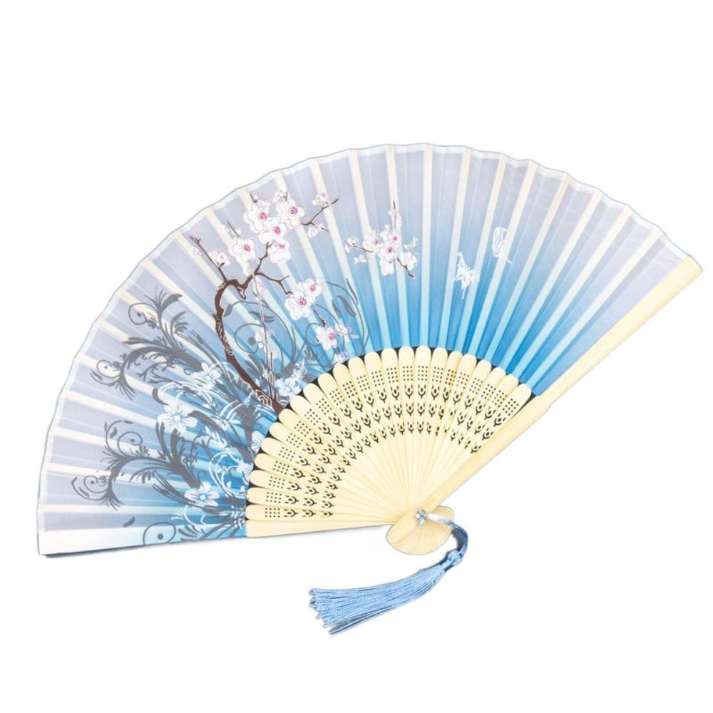 Flower Pattern Classical Folding Fan Tassel Cloth Art Chinese Style Fan Wooden handle Retro Classical Dancing Fan