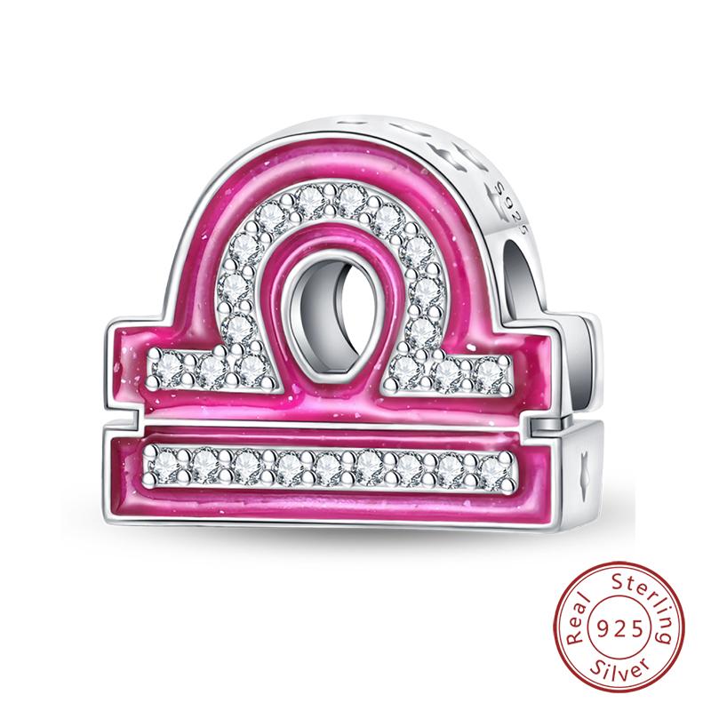 New 100% 925 Silver Twelve Constellation Series Pink Charms Beads Fit Qikaola Bracelets DIY Birthday Jewelry