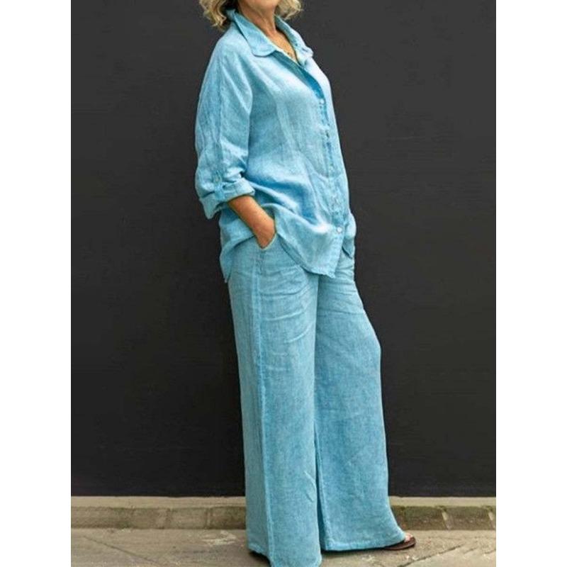 Womens Solid Color Linen Two Piece Set Loose Shirt And Wide Leg Pants