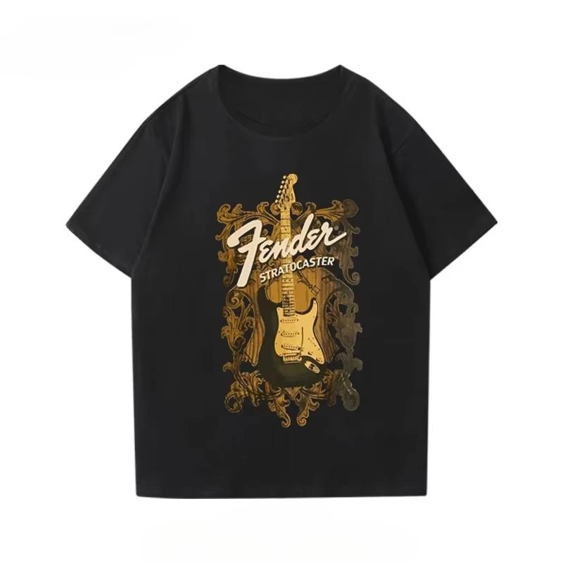 Fender Electric Guitar Short Sleeved Printed T-shirt for Boys Guitarist Performance Outfit Rock Band Pure T Shirt