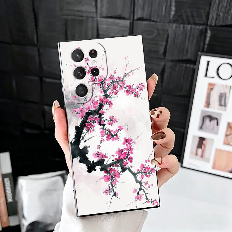 Cherry Blossom Sakura Fashion Soft Phone Case for Samsung Galaxy S26 S25 Edge S24 Ultra S23 Plus S22 S21 FE S20 Black Cover Back