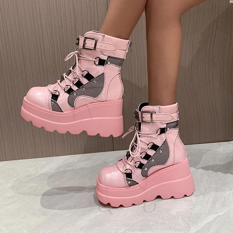 Cosplayer Gothic Motocyklowe Buty 2024 Nowa Platforma Gruby Wysoki Obcas Botki Damskie Fajne Koturny Punk Kobieta Czarne Buty Damskie