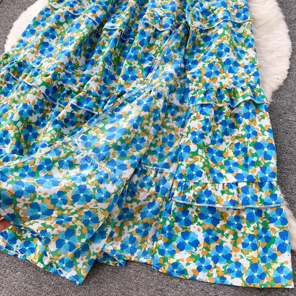 Women's Chic Sweet Slim Square Neck Bubble Sleeve Floral Dress Super Fairy Temperament A-line Dress