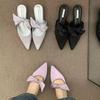 Dünner Absatz Schleife Tasche Kopf Halbschuhe Feenschuhe 2025 Frühling und Sommer Satin Französisch Lila Halbe Platte Einzelne Schuhe