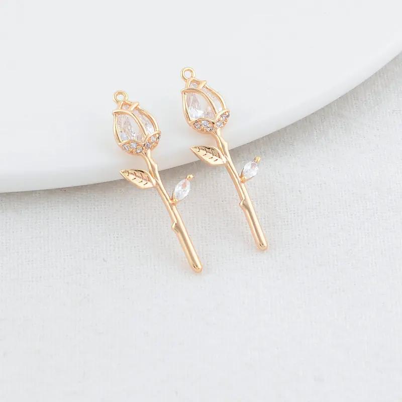 9.5*29MM 14K Gold Color Brass with Zircon Flowers Charms Pendants Necklace Earrings Jewelry Making Supplies Accessories