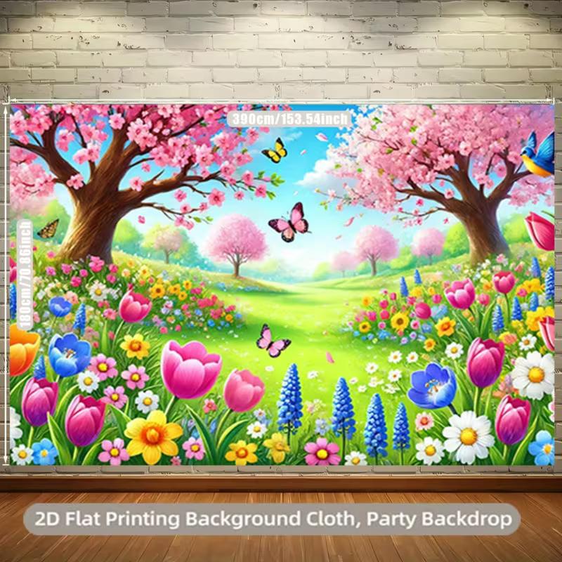 Cartoon Spring Cherry Blossom and Flower Backdrop Kids Party Photo Booth Background Banner
