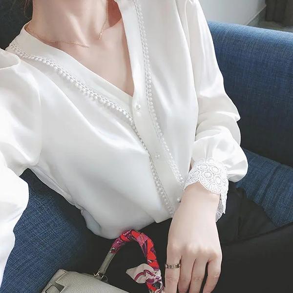 WTEMPO Elegante Retro-V-Ausschnitt-Shirts, lässige Oberteile in Übergröße, Frühling und Sommer, einfarbig, langärmelige Chiffon-Shirts für Damen