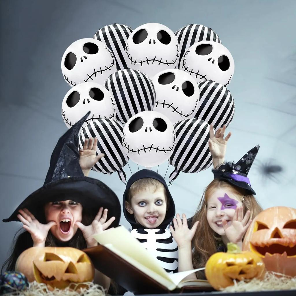 12 pcs 18 inch Halloween Skull Black and White Striped foil Balloons Halloween Dead Ball Party Decoration Balloon Set