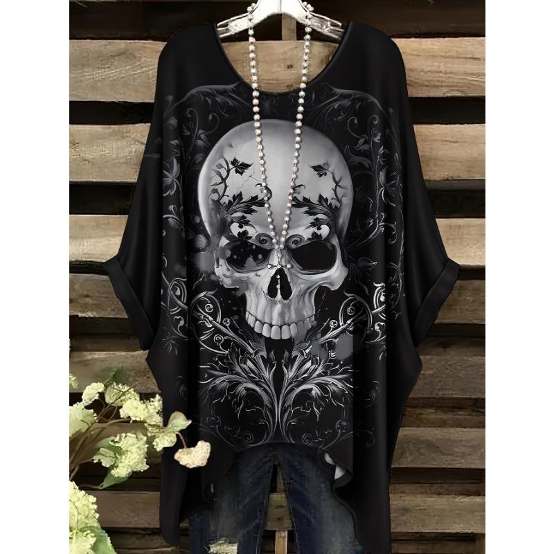 

Summer Fashion New Product Large Round Neck Skull Flower Shadow Pattern Print 5XL