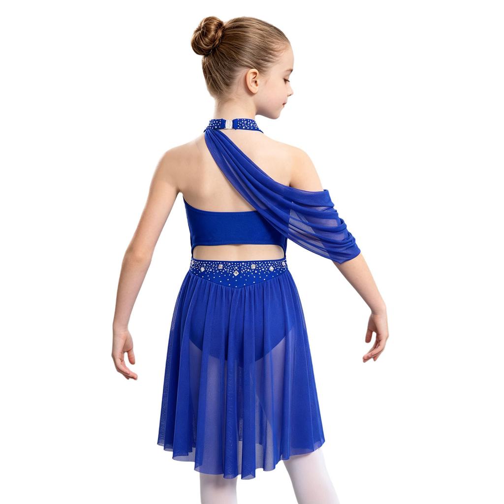Girls Halter Backless Ruched Mesh Drape Dress Lyrical Dance Performance Rhinestone Costume