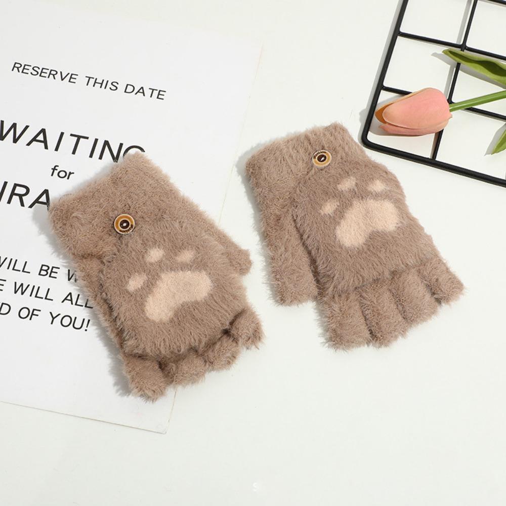 Fingerless Cat Paw Gloves Warm Fleece Touch Screen Gloves New Flip Knit Mittens  Women Girls