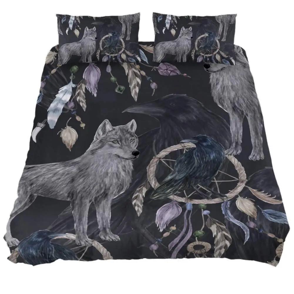 Wolves Dreamcatcher Duvet Cover Set, Animal Prints Queen Size Comforter Cover, Dreamlike Vintage Feather Wolf Bedding 3pcs Sets