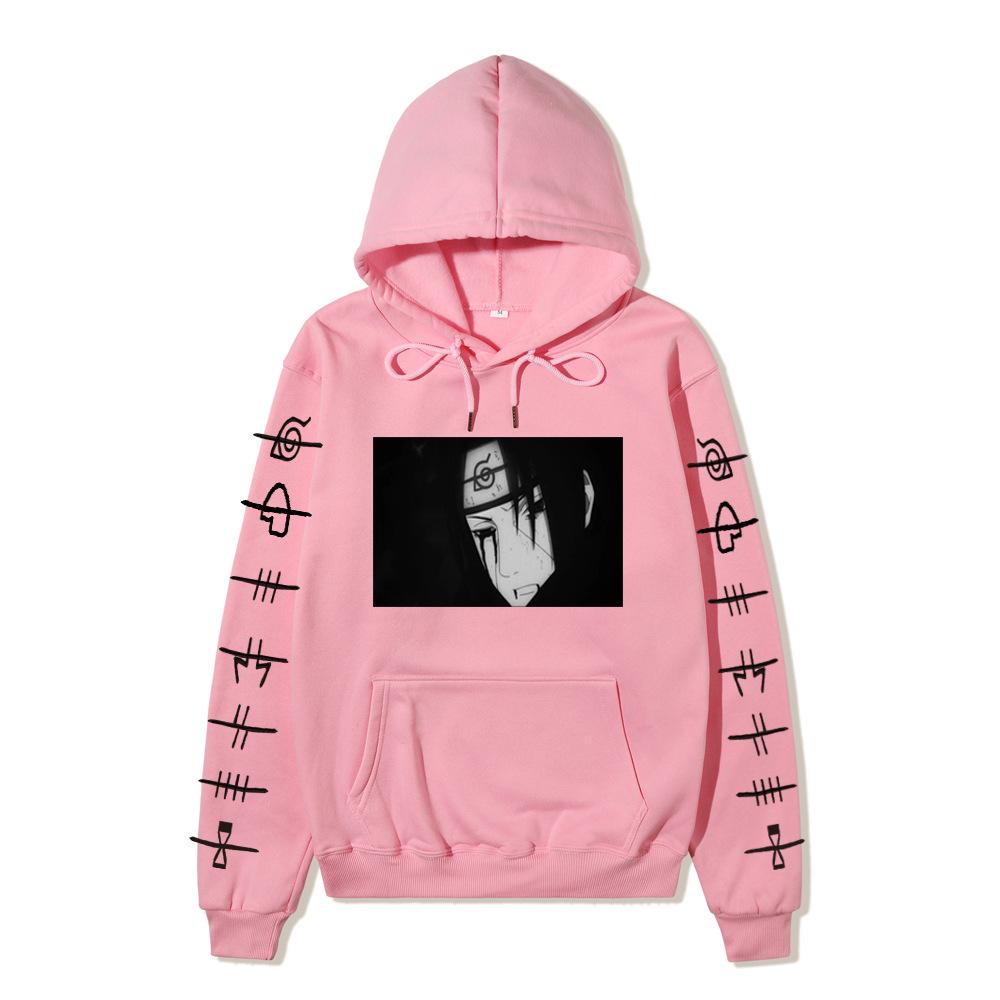 Anime Naruto Itachi Uchiha Hoodie Double Sleeve Symbol Print Character Front Print Pullover Sweatshirt Men Women Streetwear