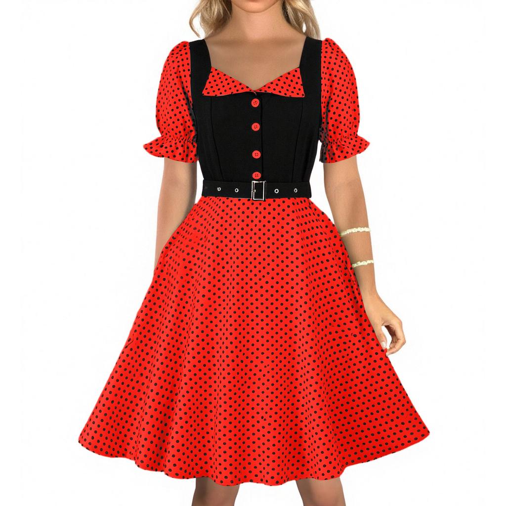 Women's  Literary Retro Suit Collar Polka Dot Short Sleeve Dress With Big Swing Skirt