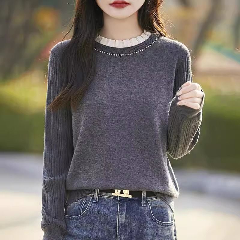 Solid Color Pullover Women's Beaded Loose Fashionable Bottoming Knitted Sweater Autumn and Winter Top