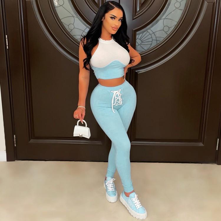 Women's European & American Sexy Ribbed Two-Piece Set: Round Neck Vest & Tie Pencil Pants