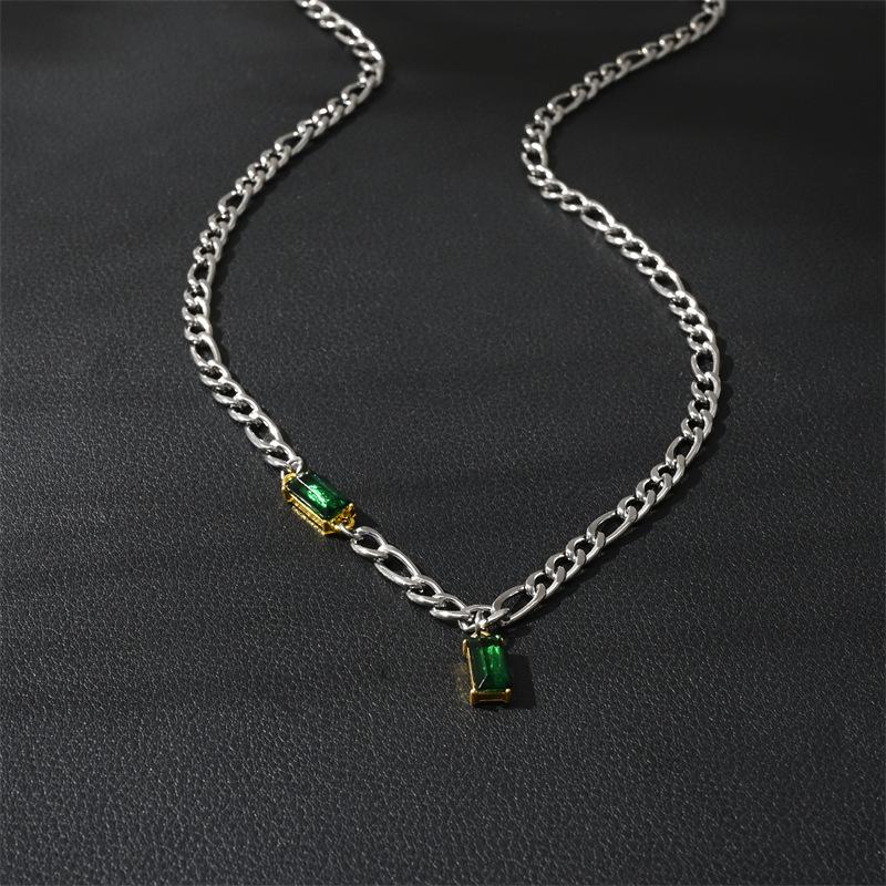Niche design exquisite emerald zircon splicing light luxury retro necklace hip hop cool titanium steel Cuban collarbone chain