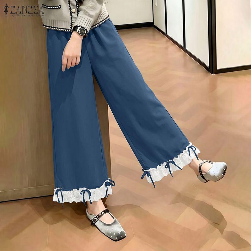 ZANZEA Women Casual Elastic Waist Loose Casual Lace Splice Cropped Pants