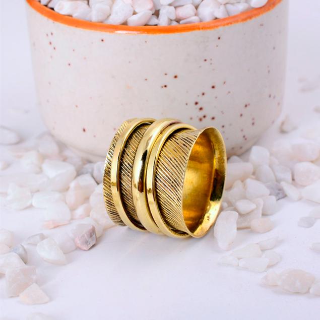 Handmade Brass Spinner Fidget Ring | Wide Band with Diagonal Etched Lines | Anxiety Relief Statement Meditation Jewelry