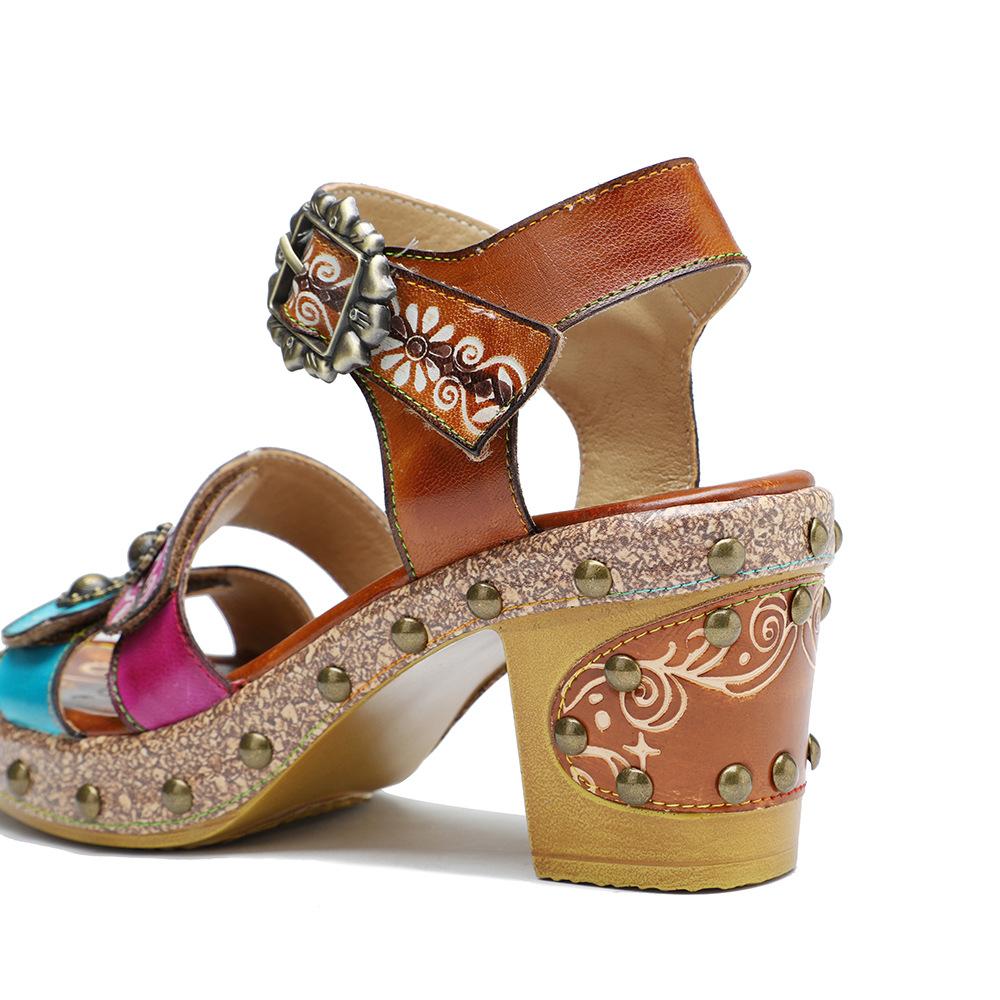 Johnature Genuine Leather Summer Women Shoes Handmade Vintage Rivet Contrast Color Comfortable High Heel Sandals