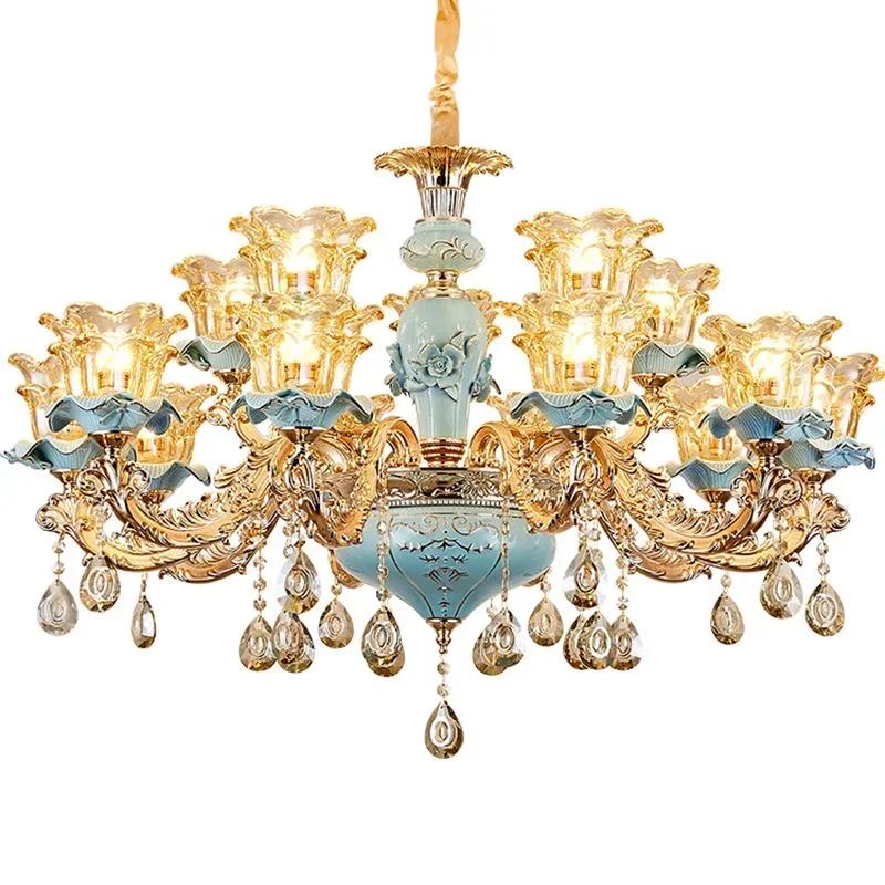 European Style Living Room Chandelier Home New Style Hall Simple Bedroom Restaurant Light Luxury Ceramic Crystal Lamp