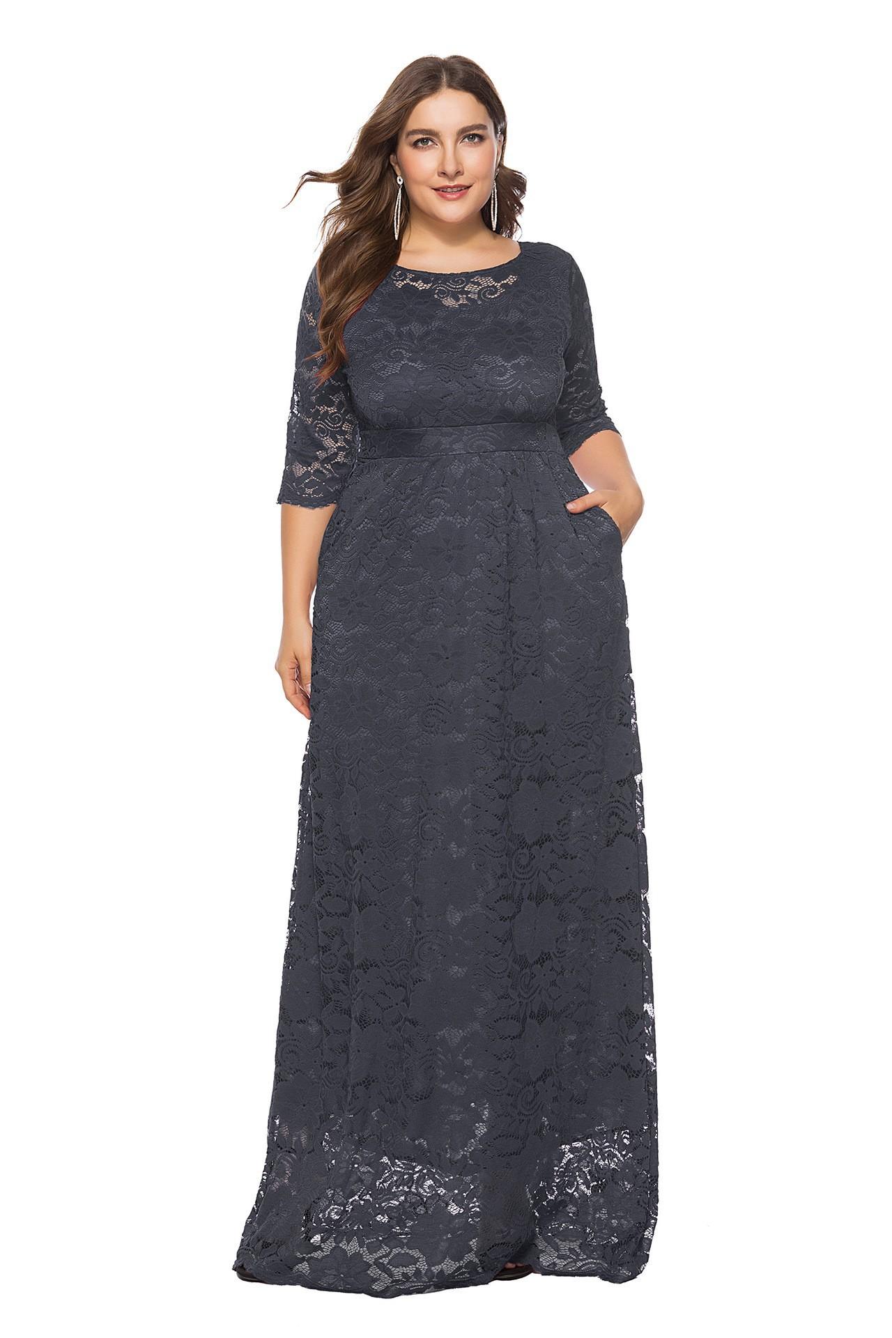 

Plus Size Women s Four Seasons Bridesmaid Dress Banquet Annual Meeting Lace Pocket Dress 2XL темно-сірий