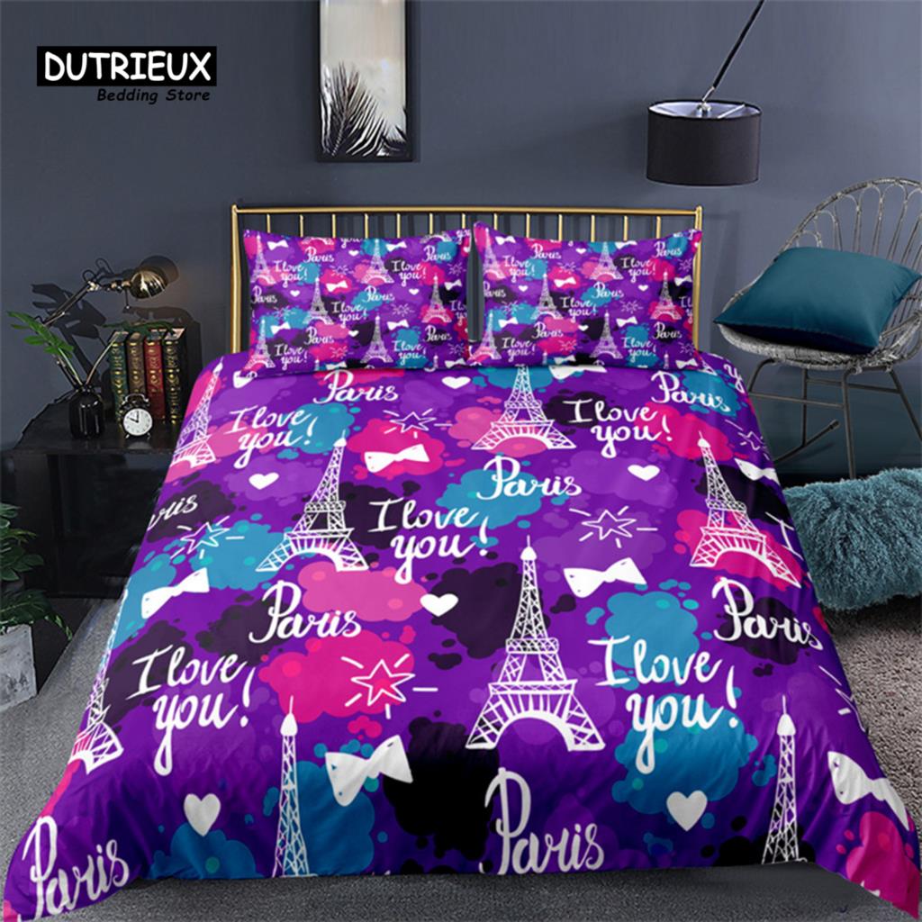 2/3KS Soft Paris Eiffelova věž Sada povlaků na přikrývku Love Heart 3D Print King Queen Sada povlečení na přikrývku z mikrovlákna Domácí textil