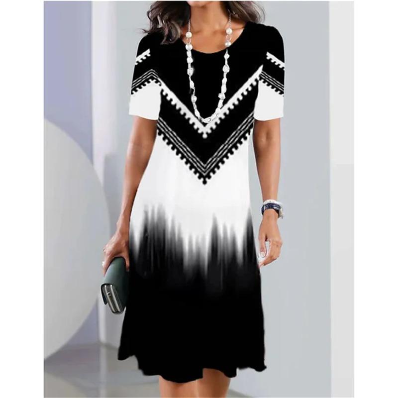 Street Casual Summer Women Dress Plus Size Stripe Splicing Print Short Sleeve Loose A-Line Dress