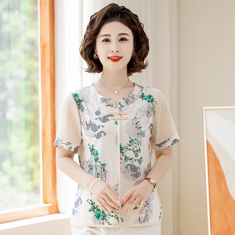 

Chinese-Inspired Mid-Aged Women s Short-Sleeved Blouse - Fashionable Spring/Summer Top 2XL (105-120 lbs) светло-зеленый