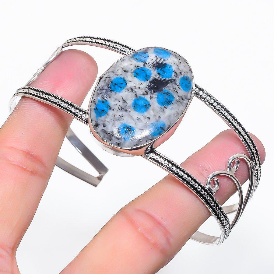Natural K2 Blue Azurite Gemstone 925 Sterling Silver Cuff Bangle Adjustable q1k90