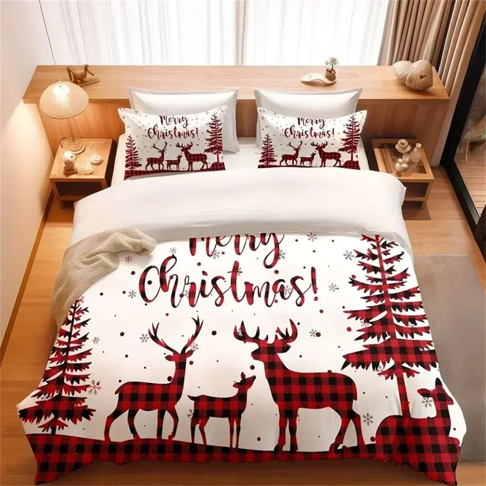 Comforter 3-Piece Merry Christmas Plaid Reindeer - Soft Comfortable And Cozy Bedding For Bedroom And Guest Room