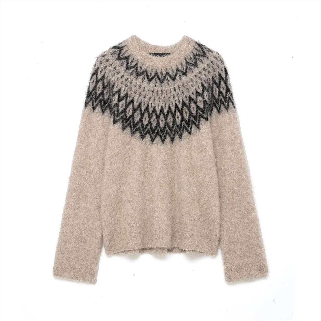 European American Autumn Retro Women's Round Neck Jacquard Knit Sweater