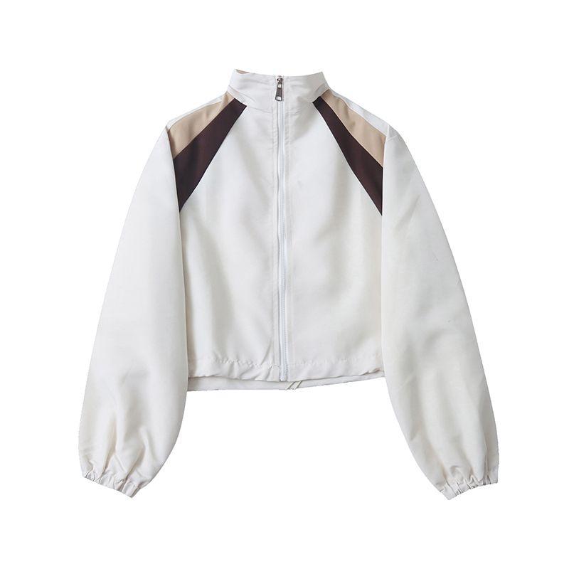Foreign Trade European and American Single Women Short Outerwear 2025 Spring New Stand Collar Color Matching Loose Fashion Casual Top