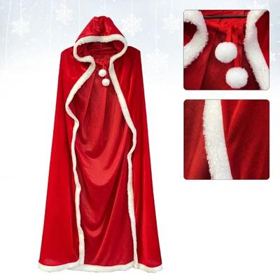 Women Girls Christmas Wear Full Length Hooded Velvet Cloak Santa Claus Plush Trim Tie Up Red Cape Holiday Cosplay Costumes Props