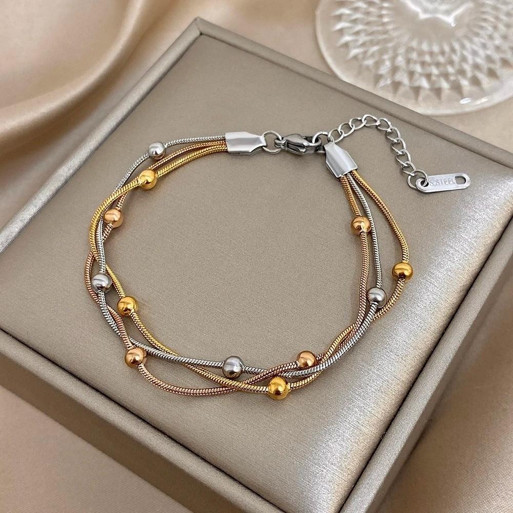 Gold Silver Color Wrap Beaded Bracelets Stainless Steel Wrist Chain Stylish Party Jewelry  Women