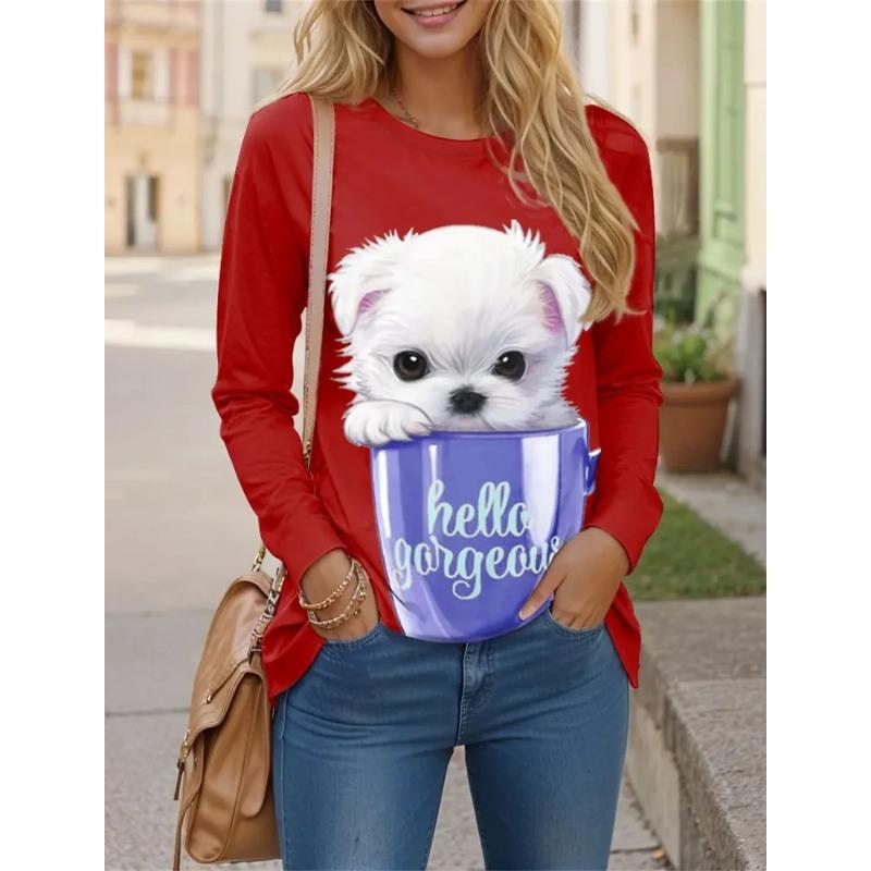 Sommer Damen Tier 3D Druck Rundhals Langarm T-Shirt