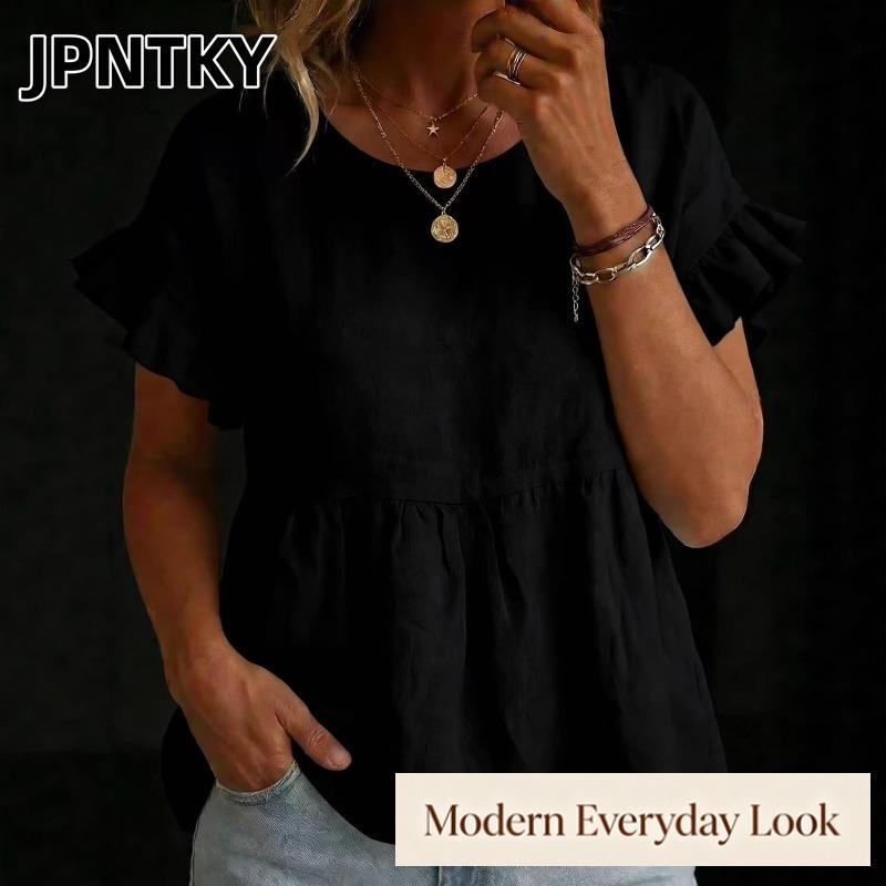 JPNTKY Women's Fashion Casual O-Neck Short Sleeve Blouses & Shirts