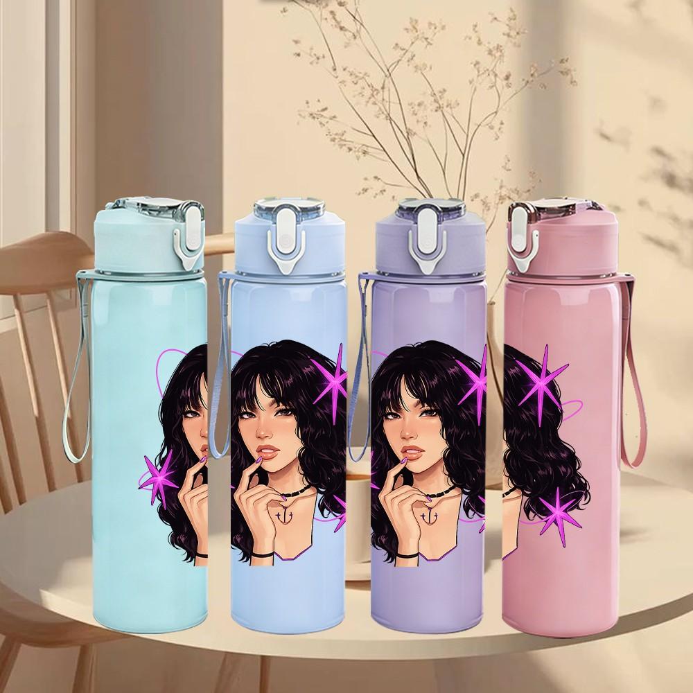 1PC Dark Hair Stylish Lady 750ml Color Plastic Sports Water Bottle Leakproof Flip Straw Lid Suitable for Sports Office Home Use