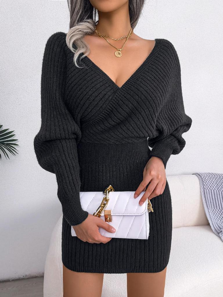 Svetrové šaty s výstřihem do V a křížením, jednobarevné, elegantní, s dlouhým rukávem, bodycon, volné šaty, ležérní netopýří šaty
