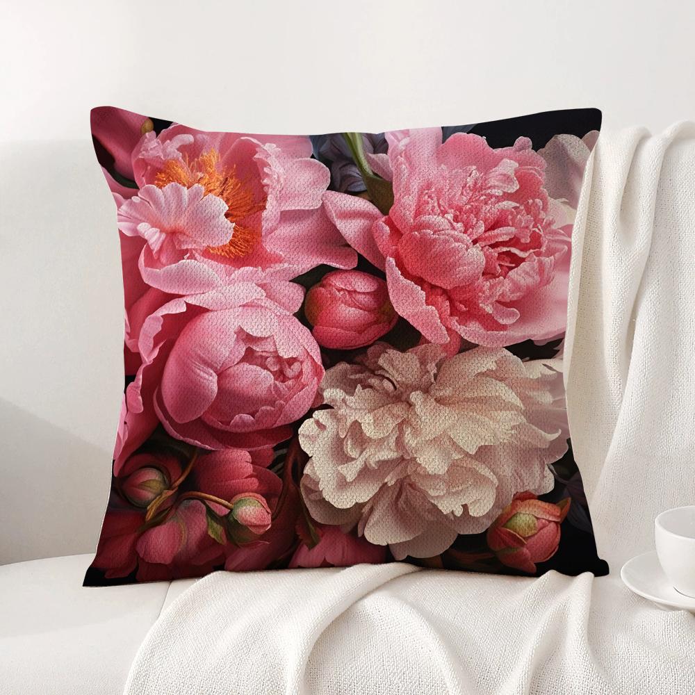 Hot Peony Cushion Cover Natural Linen Organic Fabric DoubleSided Printing Sofa Home Decor Breathable Bed Pillow